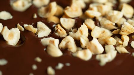 Detail of crushed hazelnuts in hot chocolate. Close-up of dark chocolateの写真素材