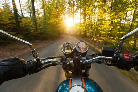 View from motorcycle driver perspective riding in foreste landscape during sunrise
