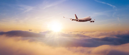 Huge commercial airplane flying over dramatic sunset sky. Jet plane is the fastest mode of modern...