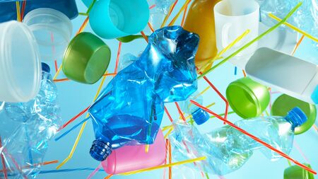 Pile of flying empty plastic waste, concept of plastical pollution.の写真素材