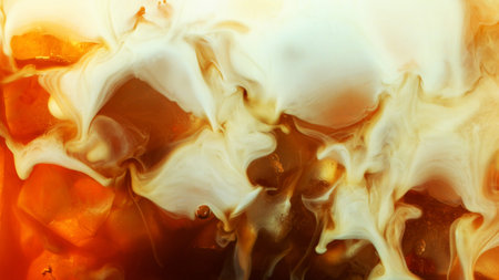 Detail of milk mixing in ice coffee drink, flat texture. Fresh beverages background