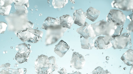 Crushed ice explosion on blue background. Freeze motion of flying pieces of ice.