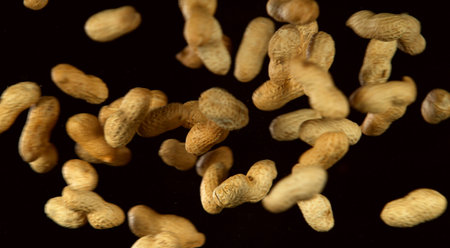 Realistic freeze motion of flying peanuts on black background.