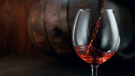 Glass of whisky with splashing liquid and ice rocks inside.. Studio shot, isolated on black...