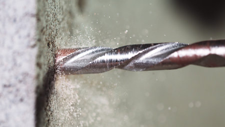 Detail of drill making hole into concere wall, closeup.