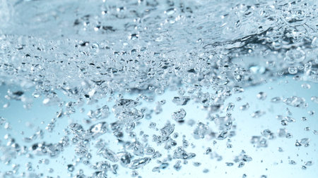 Rippling water surface in neon blue-pink colors with rain drops.