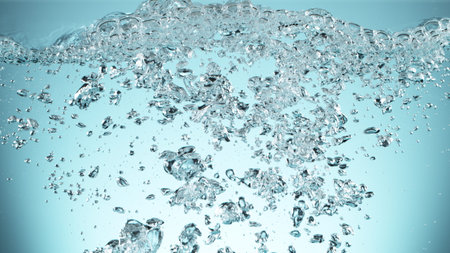 Water bubbles isolated on blue background. Abstract texture of bubbling water, studio shot.