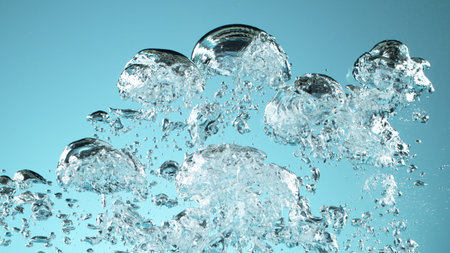 Water bubbles isolated on blue background. Abstract texture of bubbling water, studio shot.