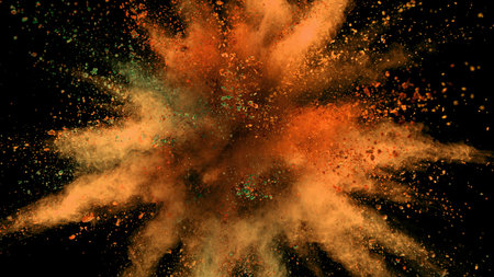Freeze motion of coloured powder explosion. Isolated on black background, abstract shape.