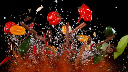 Red hot chilli peppers flying up in the air. Freeze motion. Isolated on black background.