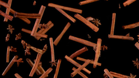 Cinnamon barks flying in the air, freeze motion. Zero gravity concept. Isolated on black background.