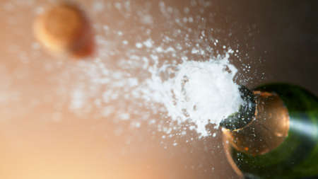 Champagne explosion, freeze motion of flying wine splashes. Celebrating concept, happy New Year theme.の写真素材