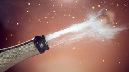Champagne bottle beying opened. Concept of celebration New Year, birthday or success. Studio shot, freeze motion, bright golden background.の写真素材