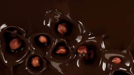 Closeup of splashing dark melted chocolate, top view.の写真素材