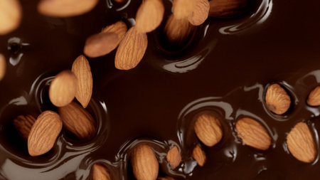 Closeup of splashing dark melted chocolate, top view.