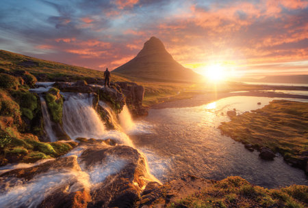 Man silhouette standing in front of famous Kirkjufell mountain, Iceland. Travel concept, leasure activitiesの写真素材