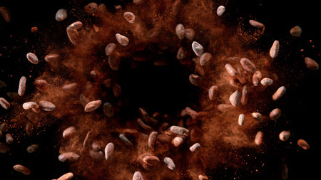 Freeze motion of flying group of cocoa beans. Isolated on black background