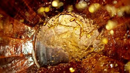 Freeze motion of splashing whiskey in wooden barrel. Concept of pouring whiskey, rum or cognac...