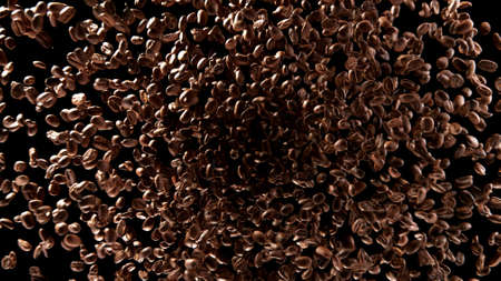 Freeze motion of flying coffee beans in twister shape, isolated on black background.の写真素材