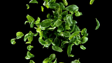 Freeze motion of flying coffee beans in twister shape, isolated on black background.の写真素材