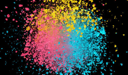 Explosion of brown powder on black background. Freeze motion of abstract shape.の写真素材