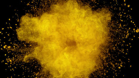 Explosion of brown powder on black background. Freeze motion of abstract shape.の写真素材