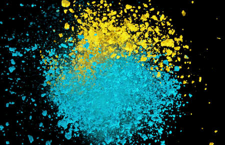 Explosion of brown powder on black background. Freeze motion of abstract shape.の写真素材