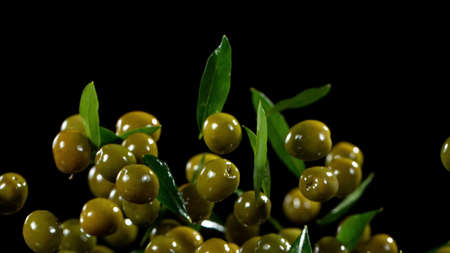 Detail of whole green olives in oil, concept of pressed olive oil.の写真素材