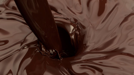Melted chocolate pouring in detail, floating on surface. Abstract sweet background.の写真素材
