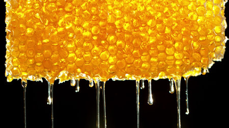 Honey dripping from honey comb on golden background. Macfro shot of honey drop dipping from the...