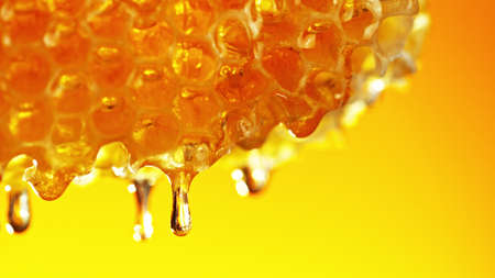 Honey dripping from honey comb on golden background. Macfro shot of honey drop dipping from the honeycomb. Healthy food concept, diet, dietingの写真素材