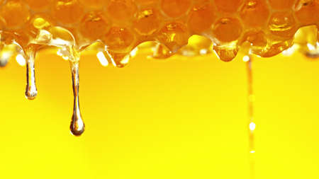 Honey dripping from honey comb on golden background. Macfro shot of honey drop dipping from the honeycomb. Healthy food concept, diet, dietingの写真素材