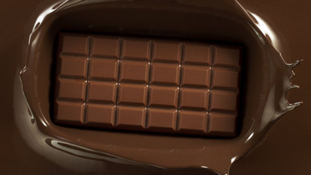 Close-up of pouring stream of melted chocolate, creating curly shapes.の写真素材