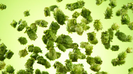 Freeze motion of flying hops cones on green background. Fresh hops, beer preparation concept.