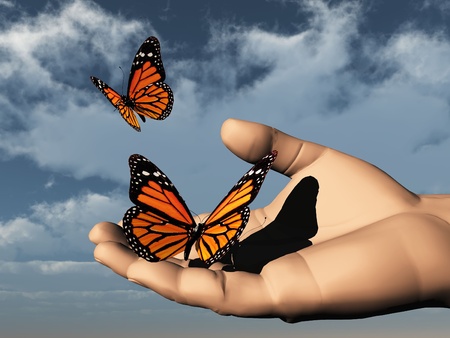 a beautifull colored butterfly in the handの写真素材