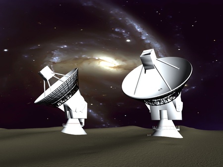 two  telescopes and a spiral galaxyの写真素材