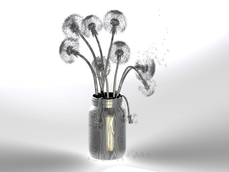 Dandelion  in the pot on a gray backgroundの写真素材