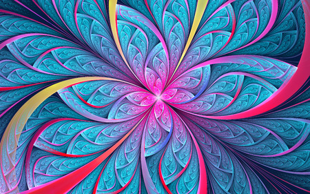 Abstract fractal background, vivid cyan mosaic ornamental pattern with curved yellow and red stripesの写真素材
