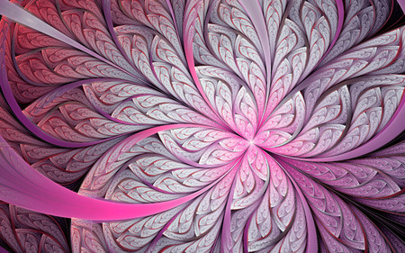 Abstract fractal background, white-pink mosaic ornamental pattern with curved stripes and glowing coreの写真素材