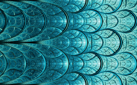 Abstract fractal background, cyan-blue mosaic ornamental pattern with curved stripes and metallic glossの写真素材