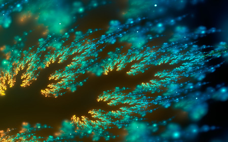 Abstract fractal, decorative sparkling yellow-cyan branch with soft blur on dark backgroundの写真素材