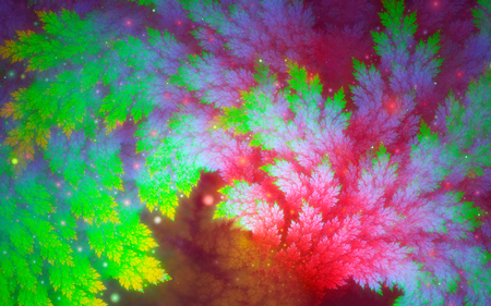 Abstract fractal, decorative rainbow-colored juniper branches and glowing light spheresの写真素材