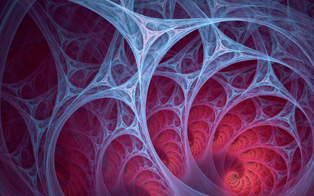 Abstract fractal, blue  lines structured into arcs of alien biotech texture on red backgroundの写真素材