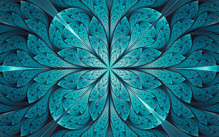 Abstract fractal background, cyan glossy mosaic ornamental pattern with curved stripesの写真素材