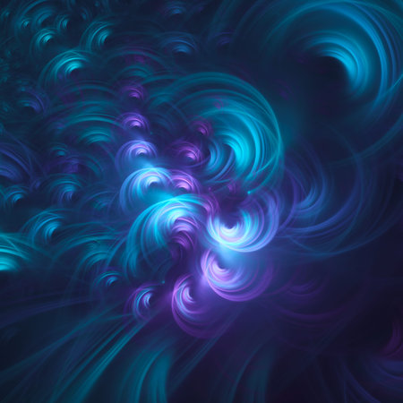 Abstract fractal, chaotic glowing light cyan curls on dark blue background