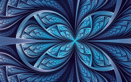 Abstract fractal background, cyan-blue mosaic ornamental pattern with curved stripesの写真素材