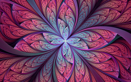 Abstract fractal background, red-cyan mosaic ornamental pattern with curved stripesの写真素材