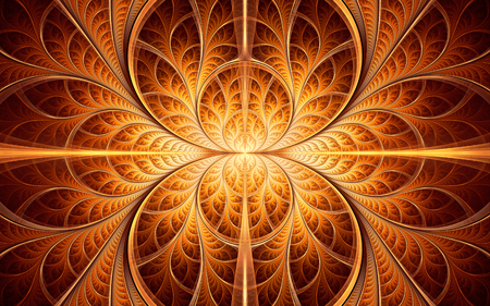Abstract fractal background, yellow-orange interlacing pattern with curved stripesの写真素材