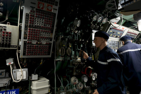 MELAKA, MALAYSIA -DEC 27, 2013: Inside submarine SMD Ouessant Agusta 70 converted into submarine museum display to public in Klebang, Melaka. The Agusta 70 was built in 1978 in France.                            のeditorial素材