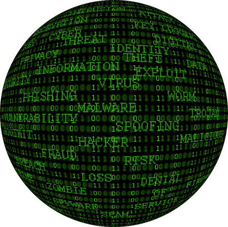 Black sphere with green binary code and cyber threat termsの写真素材